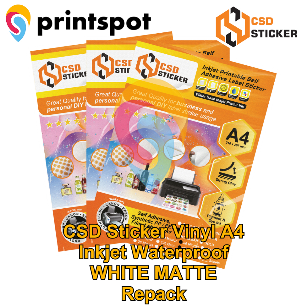 

CSD Sticker Vinyl Inkjet A4 Waterproof Synthetic PET/PP Film Transparan/Gloss/Matte/170gsm Stiker Premium Anti Air Repack 20