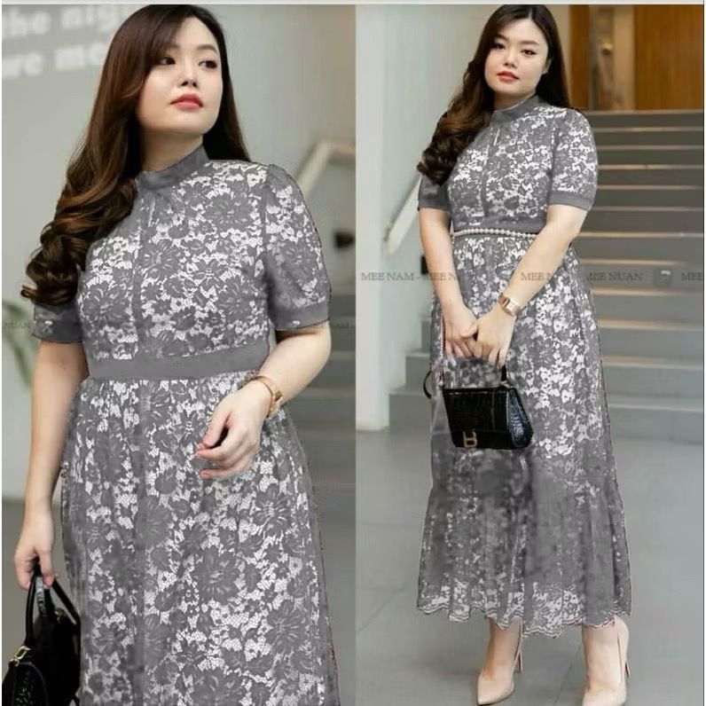 Dress Brokat Jumbo Polos Long Dress Besar Ukuran XL XXL Gaun Pesta Kondangan Simple Casual Brukat Bi