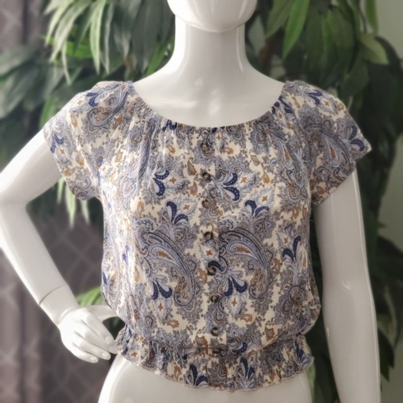 H&M Womens Peasant Shirt Medium Blue Floral Paisley baju atasan blus wanita perempuan HnM crop top S