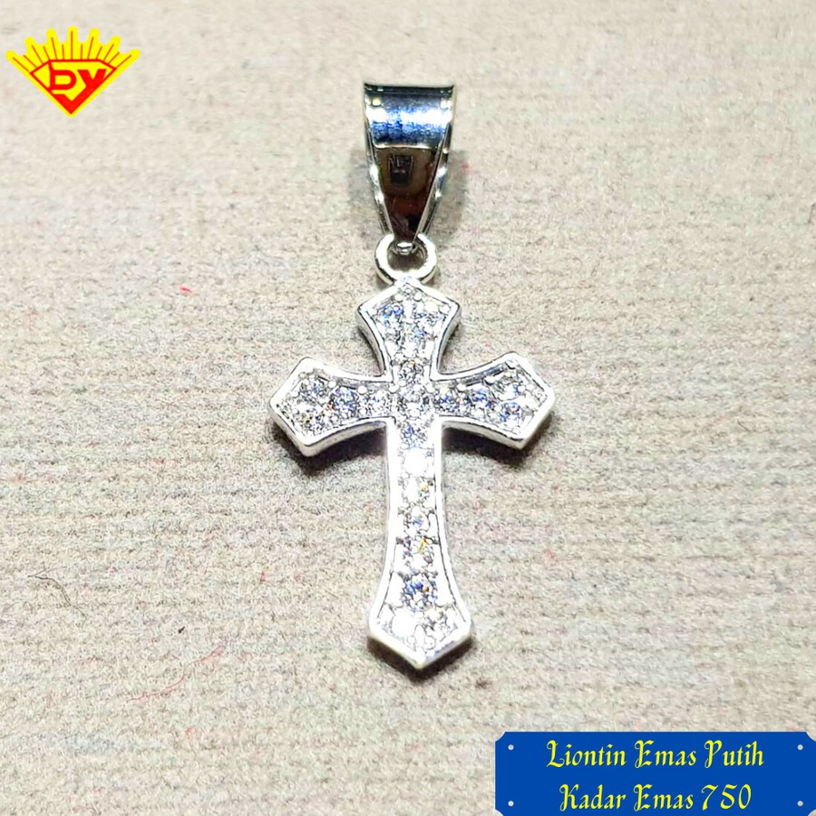 Liontin Salib Emas Putih Permata Zirconia Kadar Emas 750