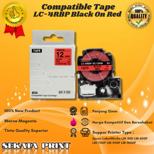 

COMPATIBLE LABEL TAPE CARTRIDGE EPSON LC- 4RBP/SC12RW BLACK ON RED 12MM X 8M
