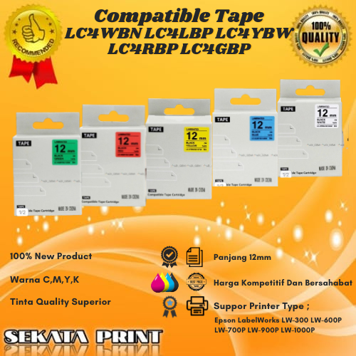 

Compatible Label Tape Epson LC4WBN LC4LBP LC4YBW LC4RBP LC4GBP - 12mmx8mm 1Set For LW-300 LW-600P LW-700P