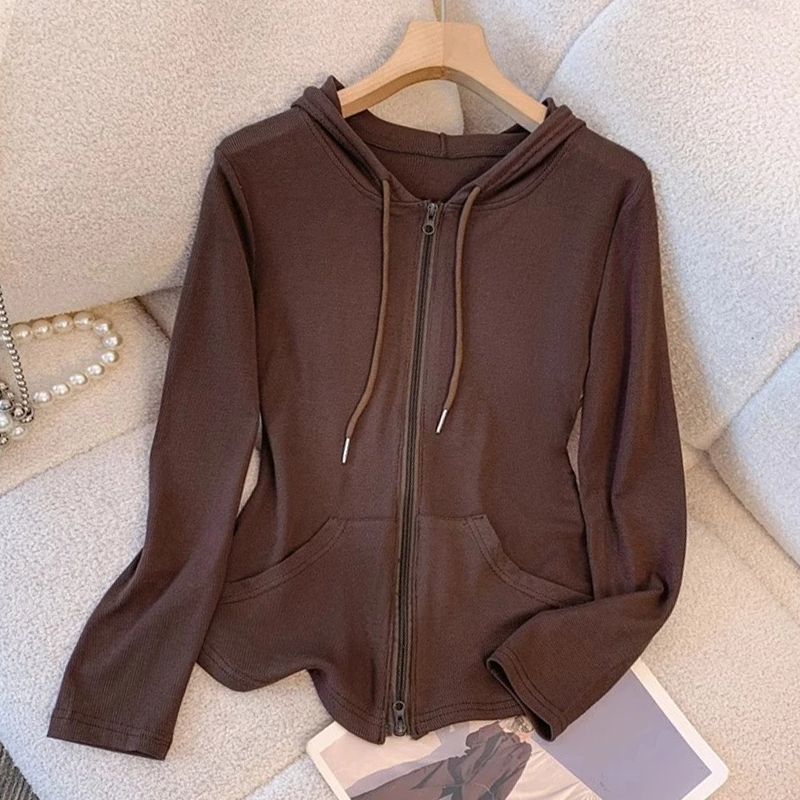 Sweater Hoodie Resleting Ganda Coklat Modis Atasan Fashion Wanita Gaya Korea