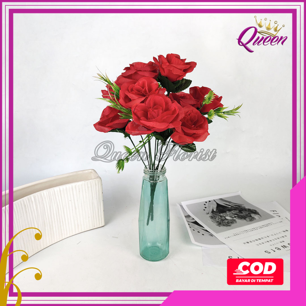 Bunga Mawar Rose Sj  Cabang 5 Bahan Kain Dan Plastik - rose jepang -mawar murah - Artificial Dekoras