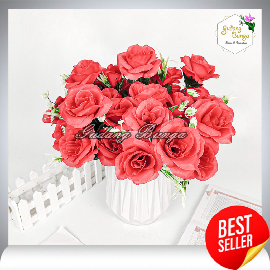 Bunga Rose Mawar Plastik SJ Cabang 5 Artificial Dekorasi  Murah  Berkualitas/Rose Jepang ECER Harga 