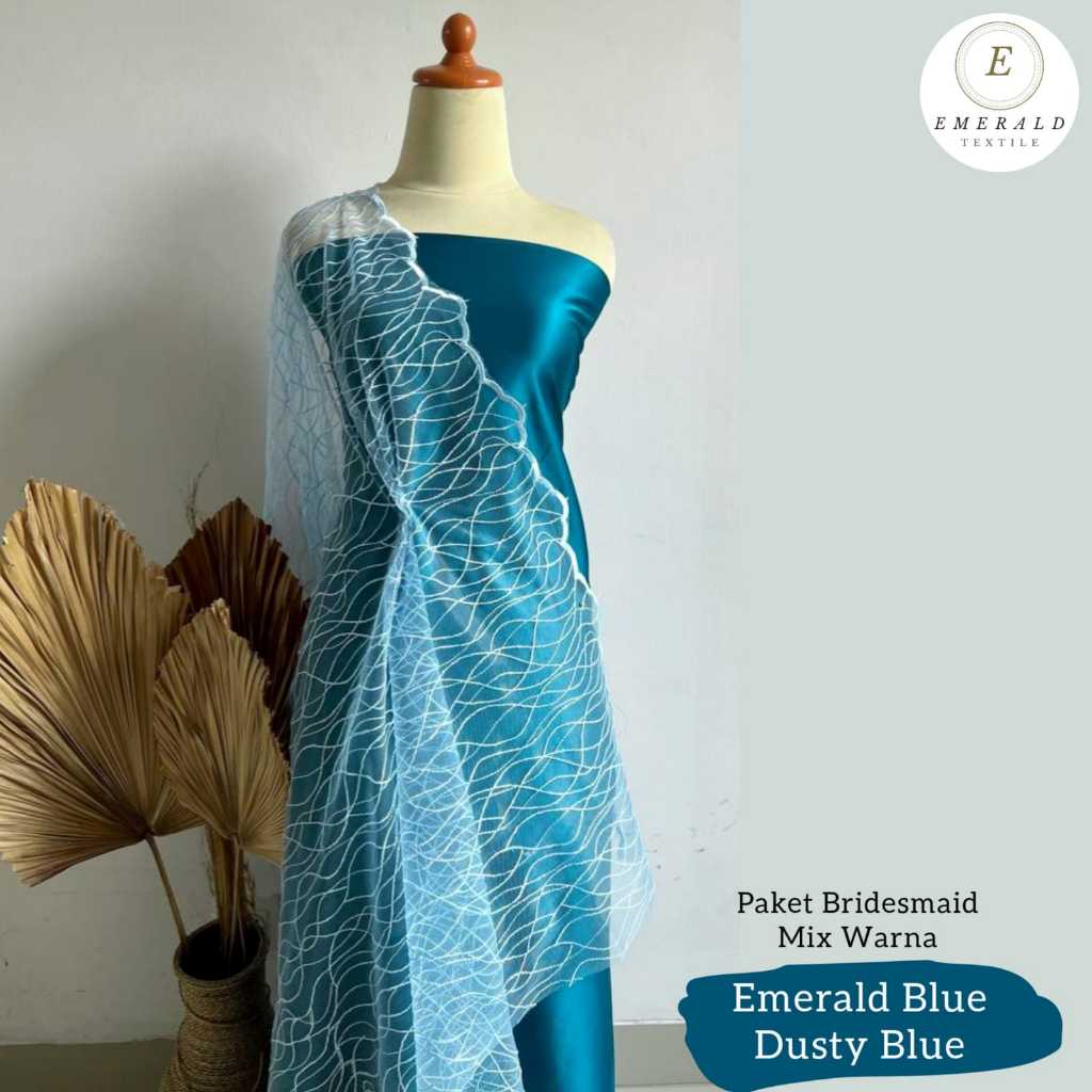Paket Lengkap Kain Bridesmaid / Kain Velvet Premium Emerald Blue + Brukat Tile Dusty Blue