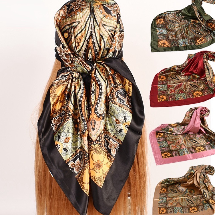 9x9 cm Persegi Satin Motif Bunga Jambu Mete Besar Jilbab Wanita Hijab Scarf Leher Aksess Sunscreen H