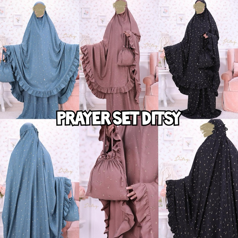 Prayer Set Ditsy November Mukena Ditsy Laine Black Laine Powder Blue Laine Dustypink