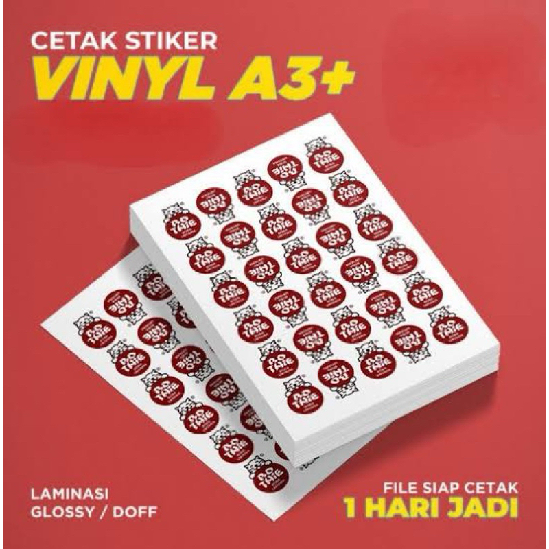 

Cetak stiker kemasan label Vinyl A3+ cutting kisscut minimal order 20 lembar