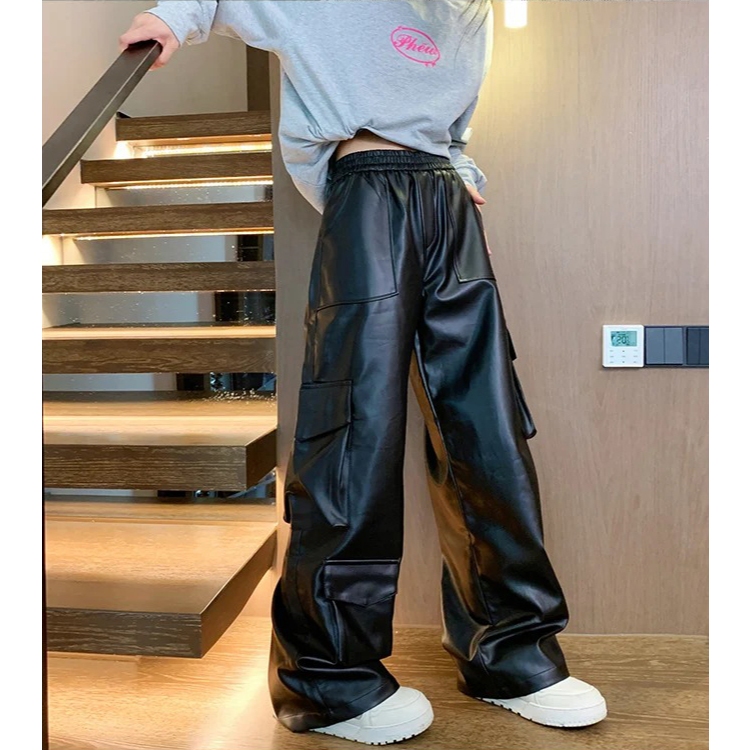MUKO - Celana Pria Kulit Sintetis Viena Panjang Hitam Cargo Leather Pants Wide Foot Highwaist Korean