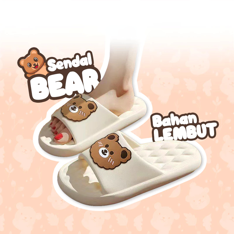 HOKO Sandal Beruang Sandal Slop Wanita Karet Motif Beruang Sandal Slip Karet Sandal Rumah