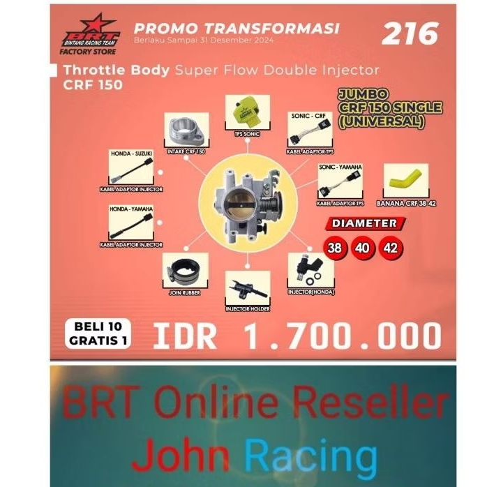 Paket Throttle Body BRT Dual Injektor Jumbo Lengkap CRF 150 Universal