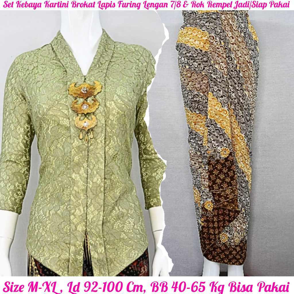 OLIVE SET KEBAYA KARTINI MODERN BROKAT LAPIS FULL FURING KATUN LENGAN 7/8 KANCING DEPAN & ROK BAWAHA