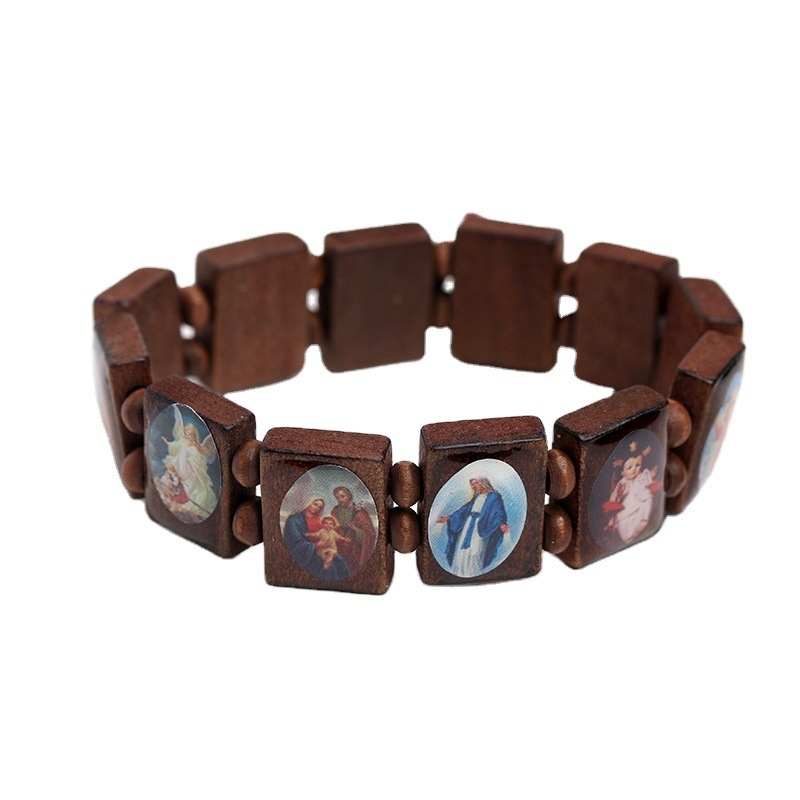 Gelang Kayu Yesus Rosario Warna Coklat & Hitam / Gelang Kayu Motif Lukisan Jesus / Aksesoris Gelang 