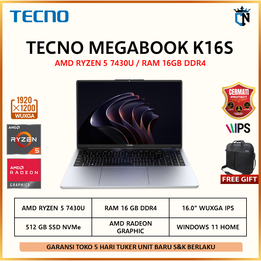 TECNO MEGABOOK K15S RYZEN 5 7430 8GB 512GB W11 15.6 FHD IPS
