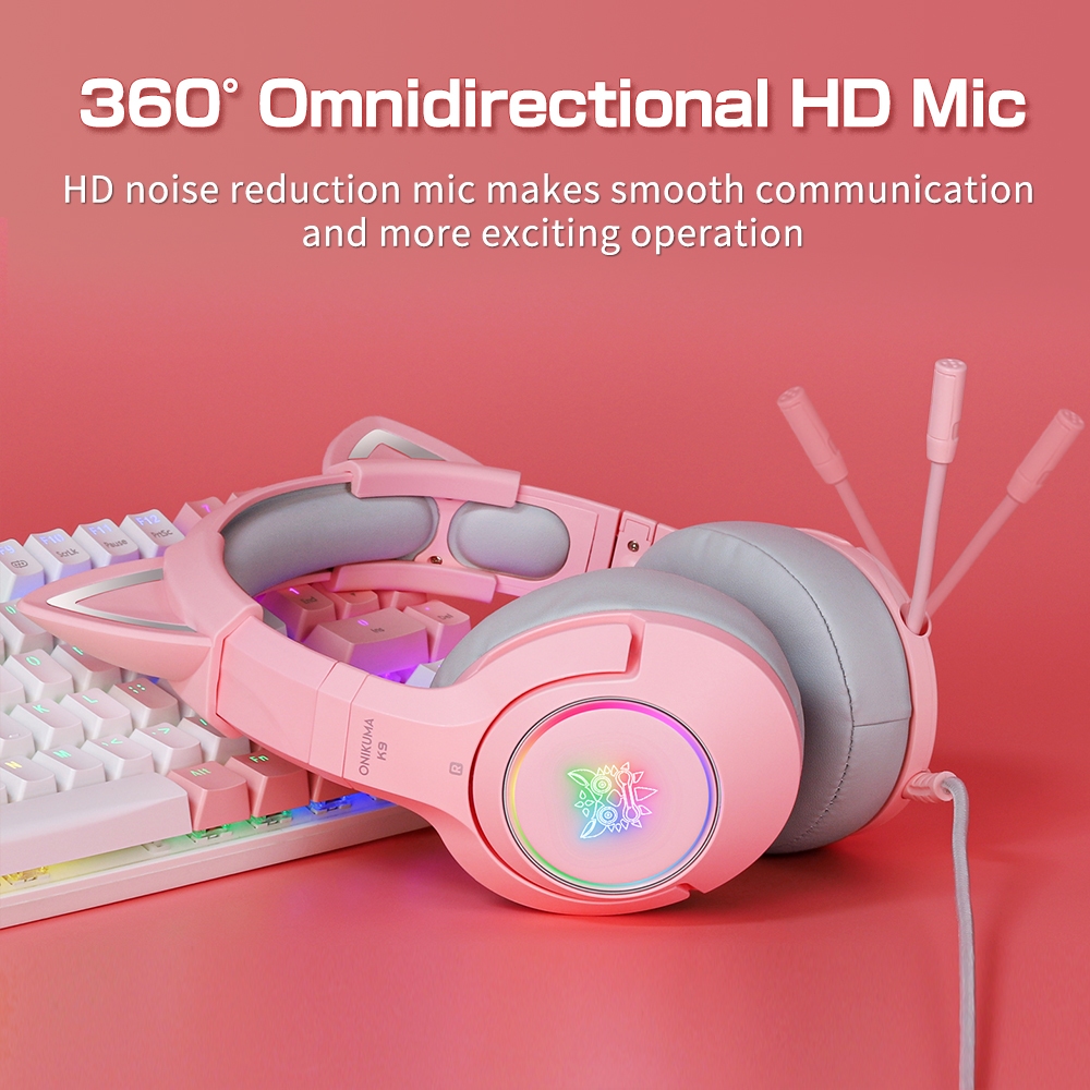 Onikuma K9 Pink Cat Ear Perempuan Headset Gaming dengan Mikrofon Pencahayaan RGB Cocok untuk Kompute