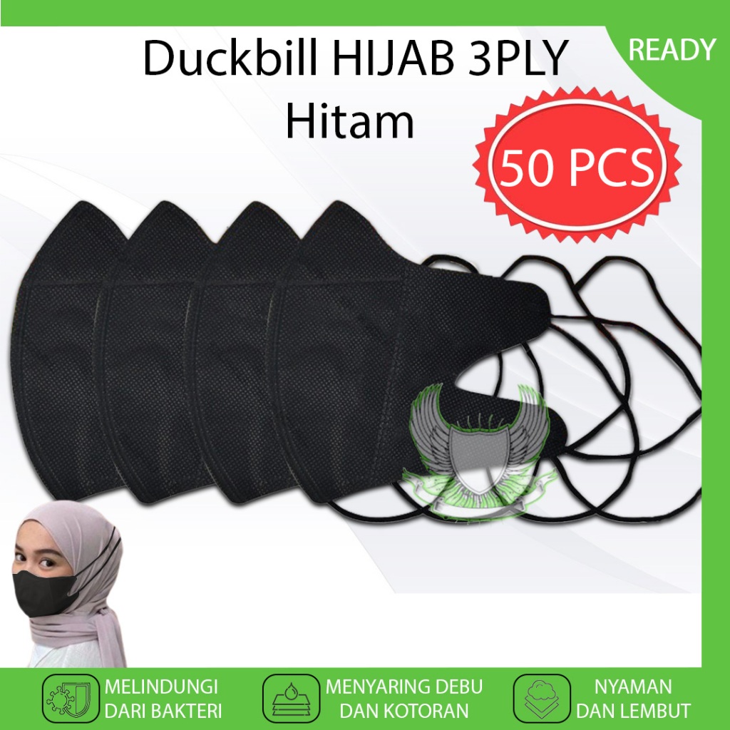 Masker Duckbill 50 PCS HIJAB Warna Hitam BLACK 3 PLY Murah Original Masker Medis Duckbil Headloop Pr