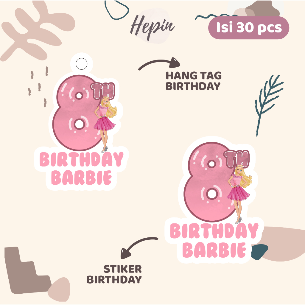 

(30pcs) Hang tag & stiker ulang tahun Tema BARBIE /murah/lucu /label tag ulang tahun murah/hang tag ulang tahun/tag souvenir ulang tahun/stiker nama ualang tahun/diecut stiker&t ag