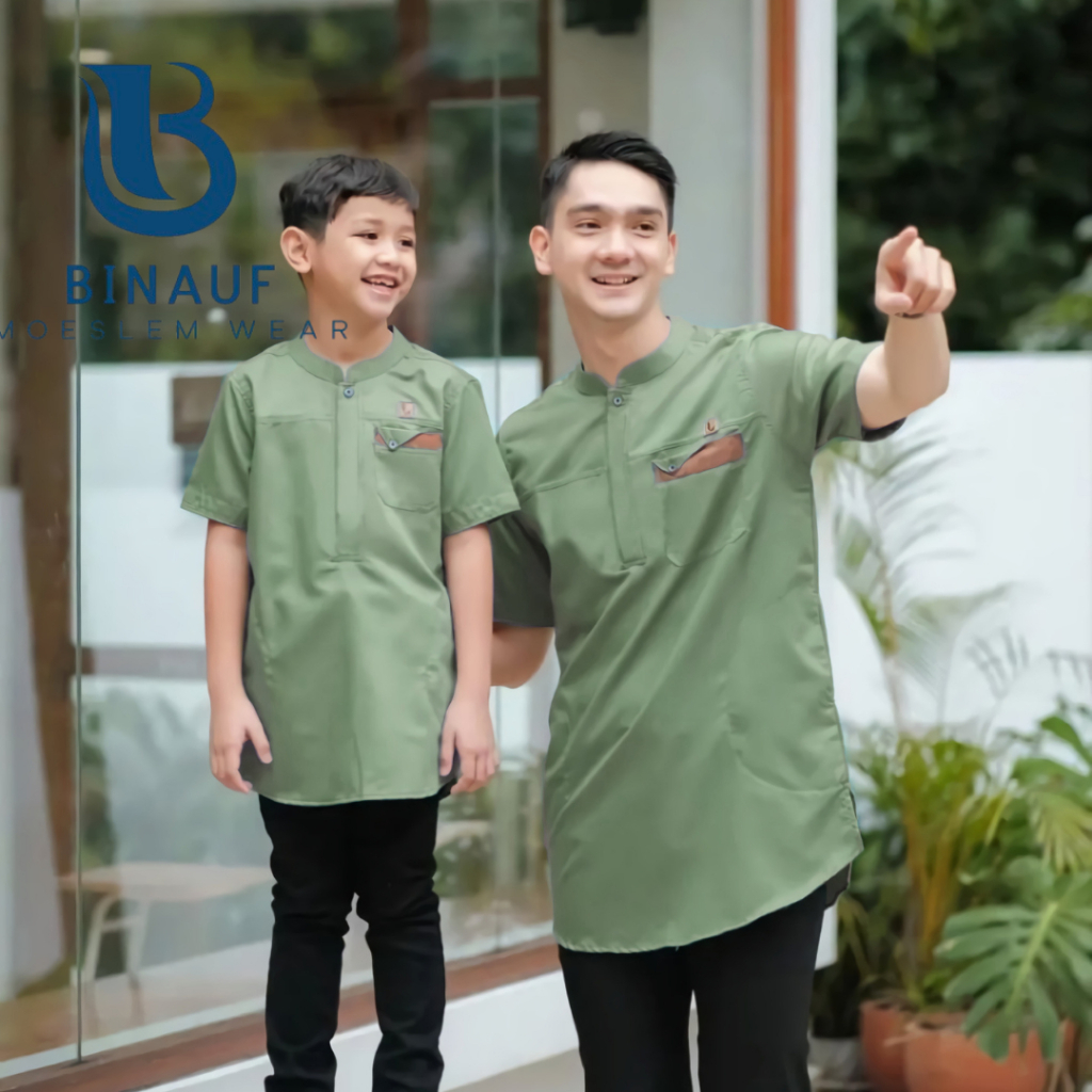 BINAUF - Baju Koko Pria Lengan Pendek Koko Kurta Couple Ayah  & Anak Laki-Laki Modern Bahan Toyobo