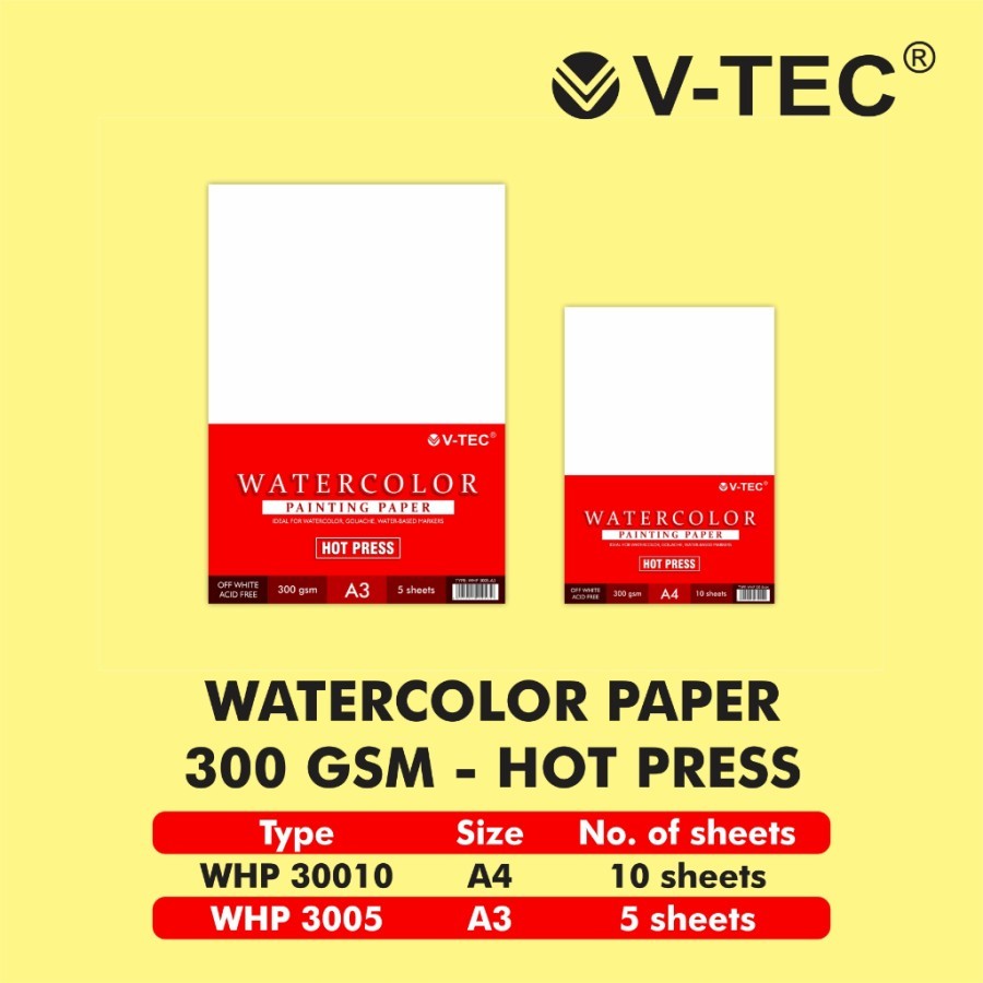 

TBMO WATERCOLOR PAPER TYPE WHP 30009 UK. A5 10SHEETS/300 GSM/HOT PRESS V-TEC