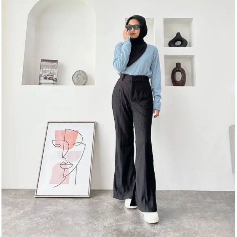 Celana Cutbray Knit Wanita Highwaist / Celana Loose Knit Korean premium Model Bawah Belah / Kulot Lo