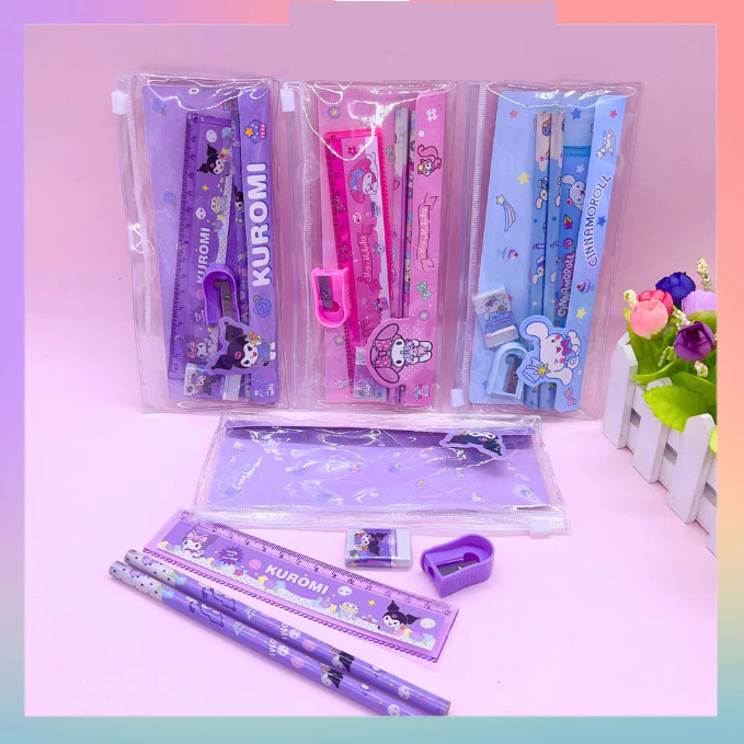 

ATK25 Set Alat Tulis Sekolah Karakter Motif Sanrio 5 in 1 Lucu Cute Stationery Free Pouch Kuromi Melody Cinamoroll pensil penggaris penghapus rautan
