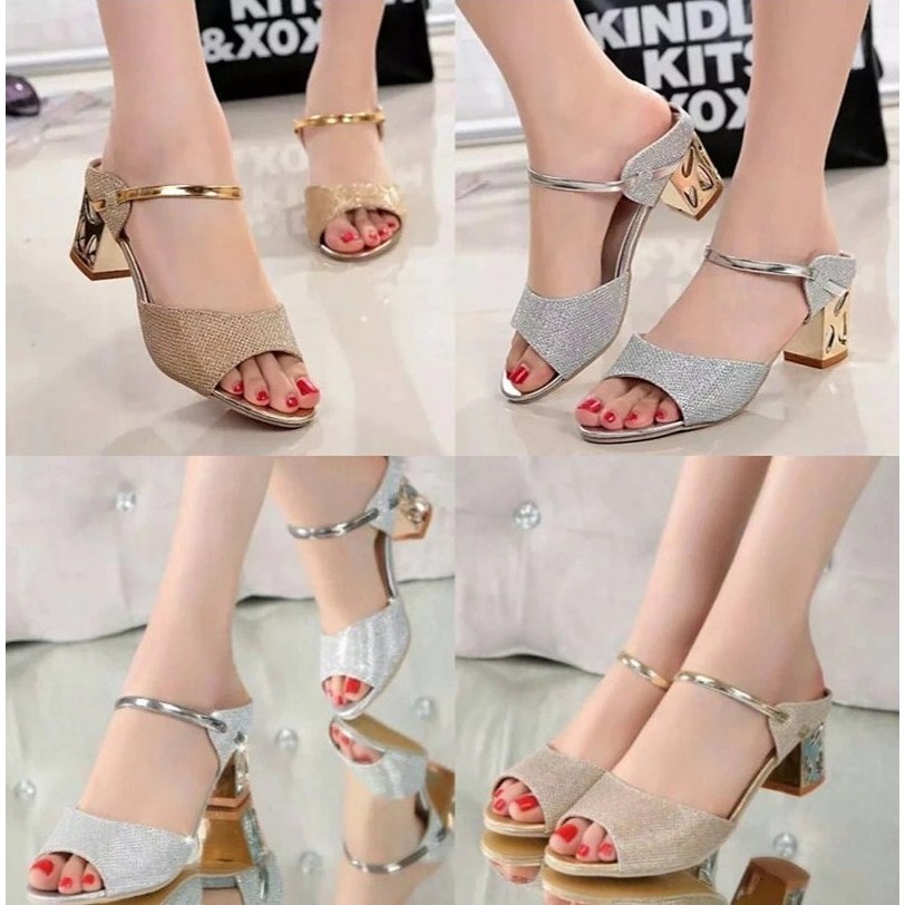 US34 SEPATU SENDAL SANDAL WANITA PESTA KERJA KANTOR FORMAL KONDANGAN GOLD SILVER HIGH HEELS HAK TING