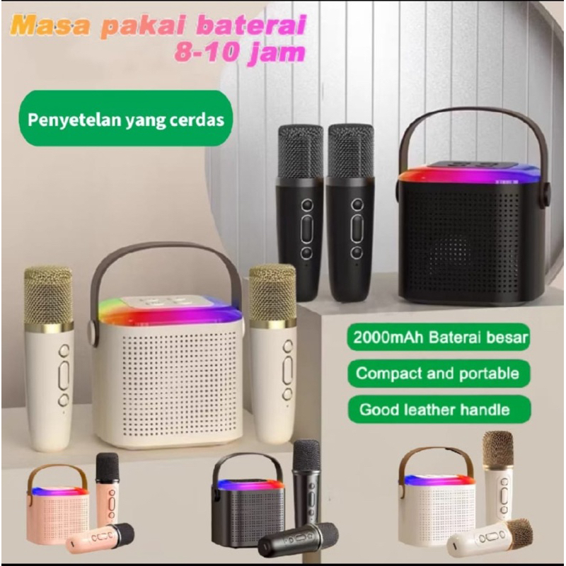 speaker bluetooth karaoke ktv 2 microphone superbass lampu warna