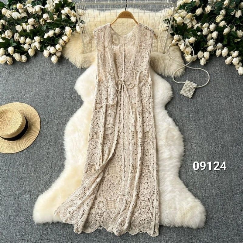 09124 Baju atasan luaran BULGARA CROCHET SLEEVELESS CARDIGAN OUTER panjang putih krem polos Korean s