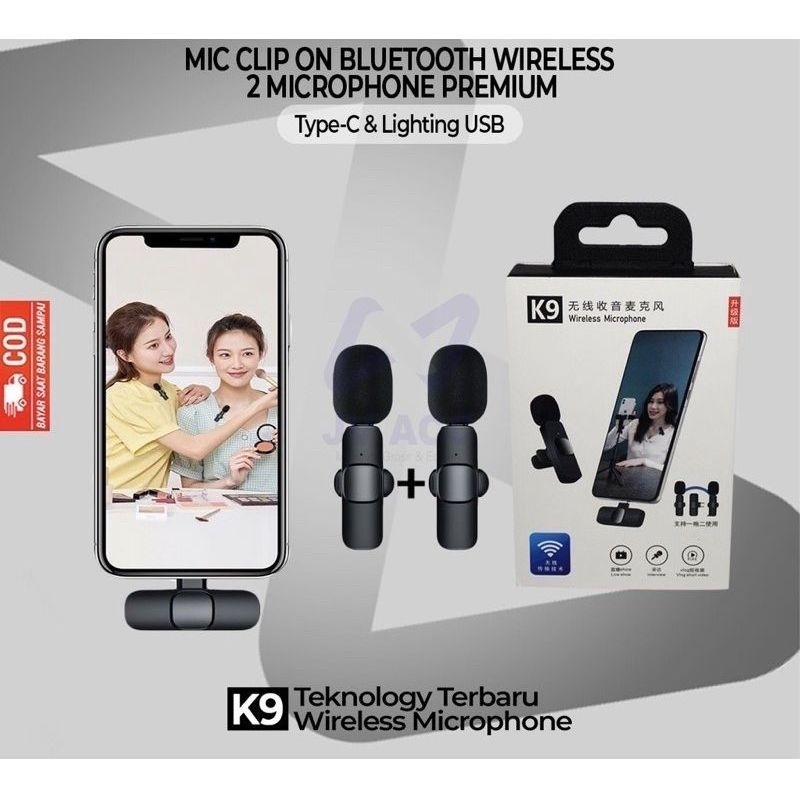 Mic Clip Microphone Wireless Clip On Vlog K9 + 2 Mic Portabel Youtubers