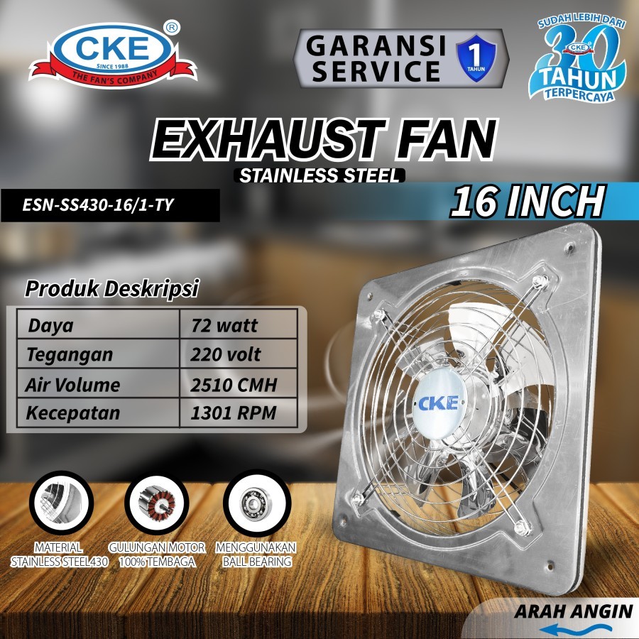 CKE Exhaust Fan Dinding Stainless Steel ESN-SS430-16/1-TY size 16 Inch Kipas Hexos Hisap Tembok Wall