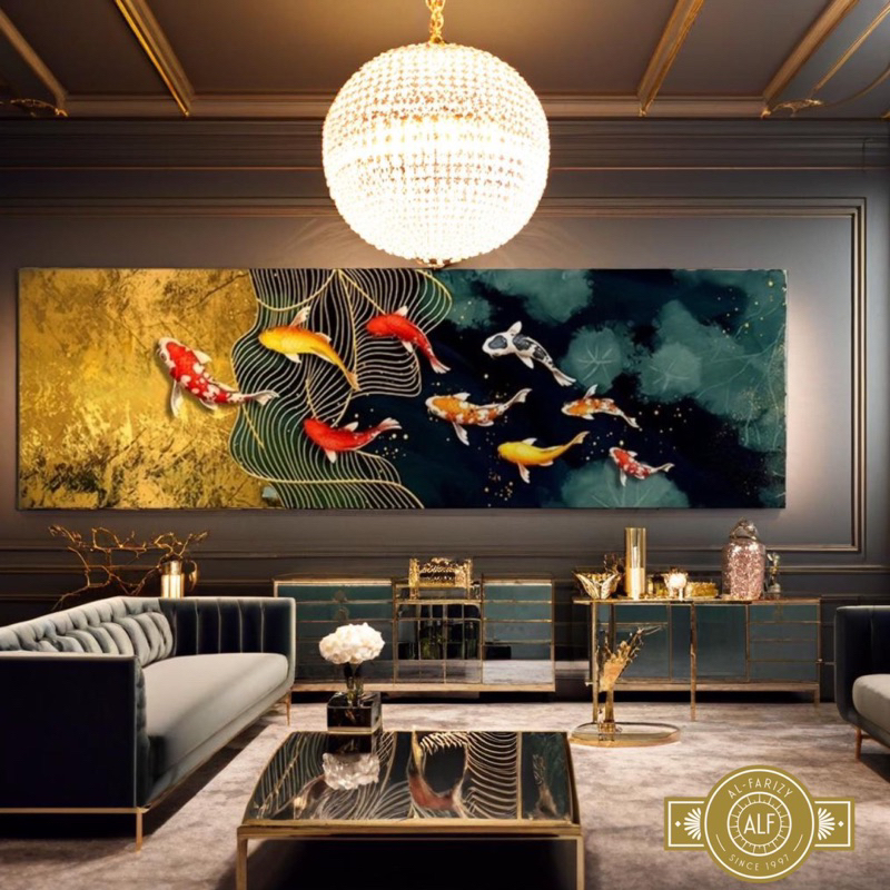 Lukisan Ikan Koi Gold Fengshui 9 Ekor Hiasan Dinding Dekorasi Dinding Lukisan Aesthetic Modern