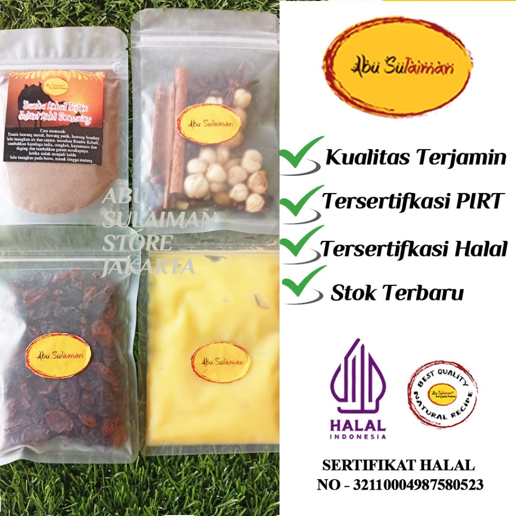 

PAKET LEBIH HEMAT BUMBU KEBULI BRIYANI MANDHI KABSAH BUKHARI SHAWARMA INSTANT/ EKSTRA REMPAH KISMIS DAN MINYAK SAMIN UNTUK 1 KG BERAS / PAKET BUMBU KEBULI KHAS ARAB