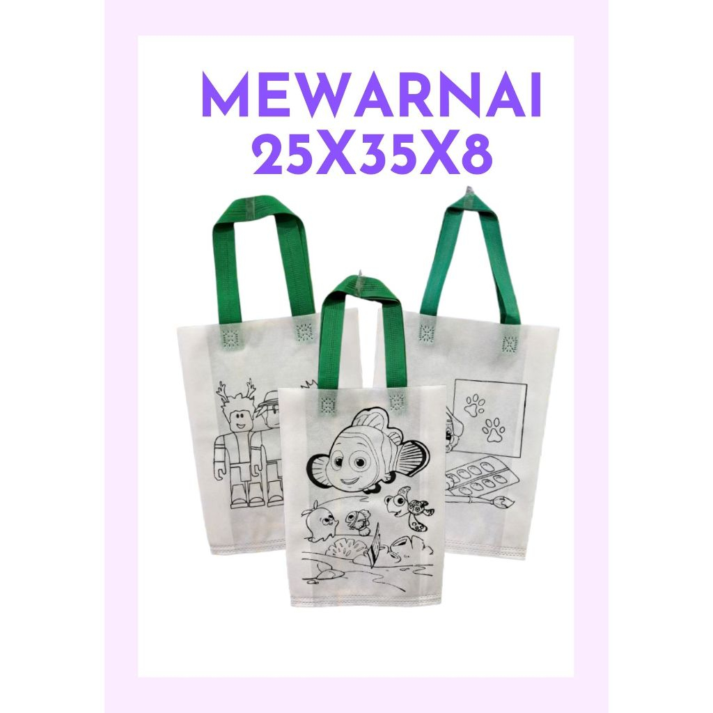 

1 PCS - Goodie Bag / Spunbond/ Tas Kain Mewarnai Tas Putih Tali Warna UK 25X35X8 #Kreasi.Mewarnai