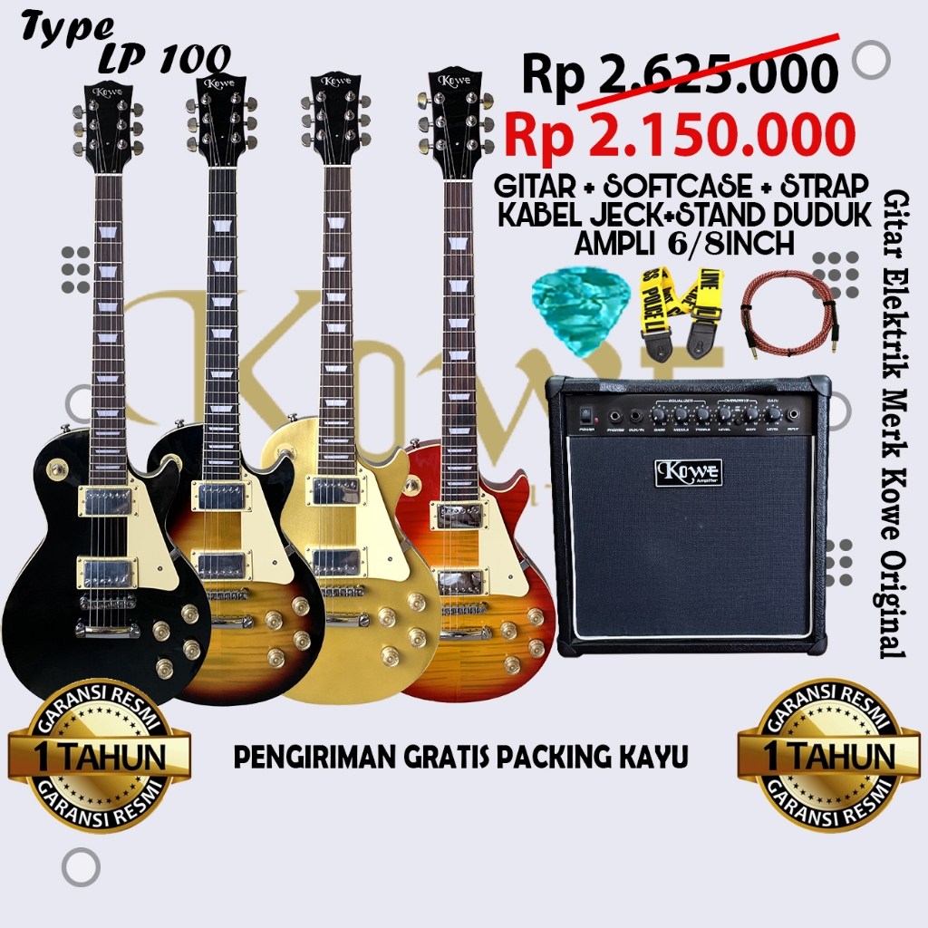 Promo Paklet Bundling Gitar Listrik Original Merk Kowe Model Gibson Lesspaul