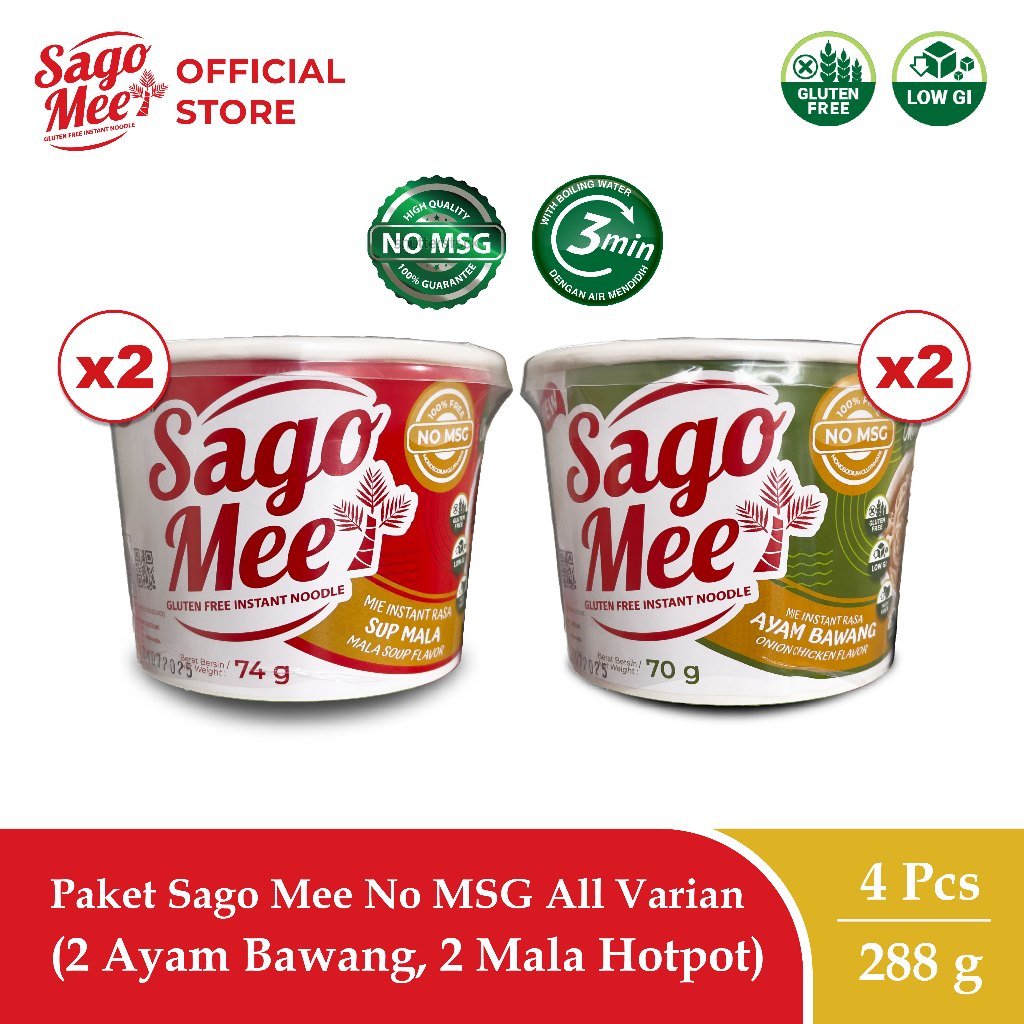 

Sago Mee Paket Mix Gluten Free Mie Instan No MSG Cup Kuah (2 Ayam Bawang, 2 Mala Soup)