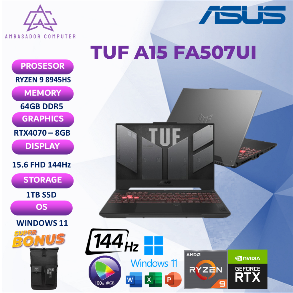 Asus TUF A15 FA507UI RYZEN 9 8945H RTX4070 8GB 64GB 1TB SSD Windows 11 OHS 15.6 Full HD 144Hz