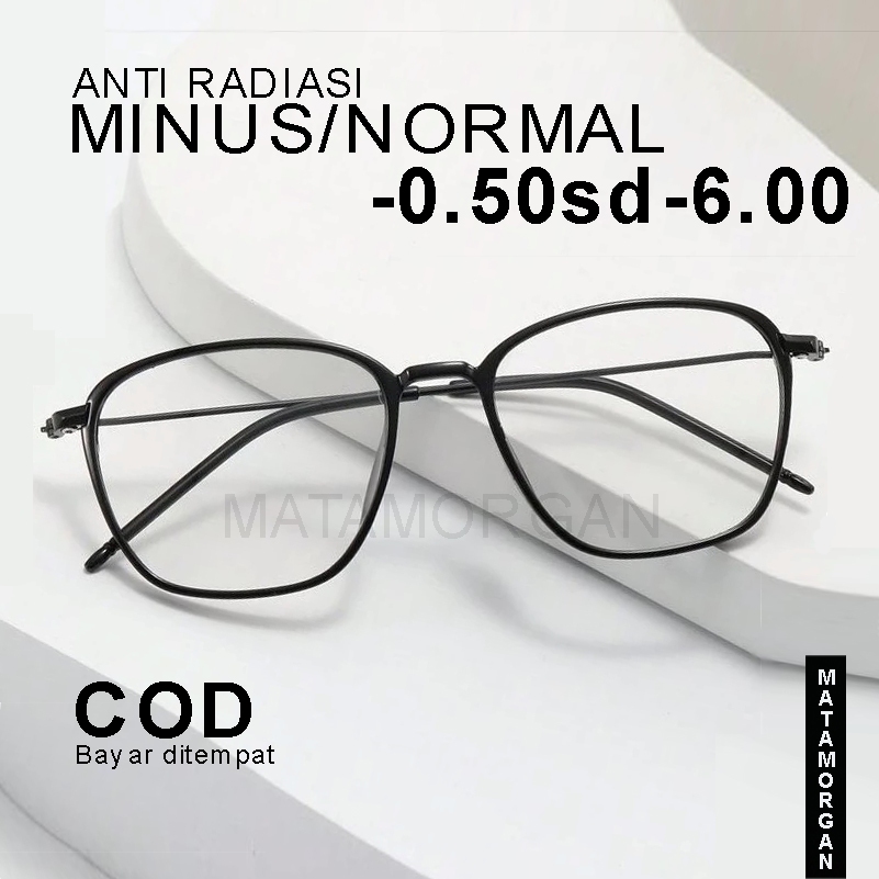 Kacamata Minus / Normal Anti Radiasi Minus rabun jauh Frame Kotak Retro Gagang Besi Stainless Steal 