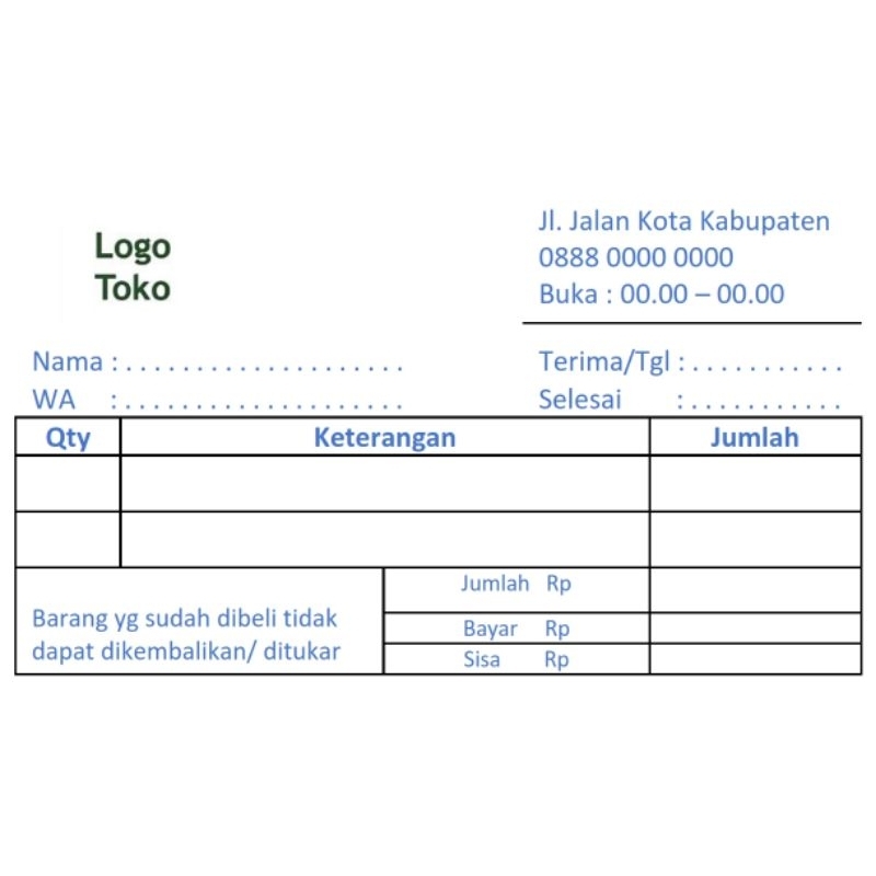 

Nota Toko, Nota Warung. Custom Tanpa Minimal Order. Desain Suka2 Dari Anda. Ukuran: 10x6 Cm - 10x10 Cm.