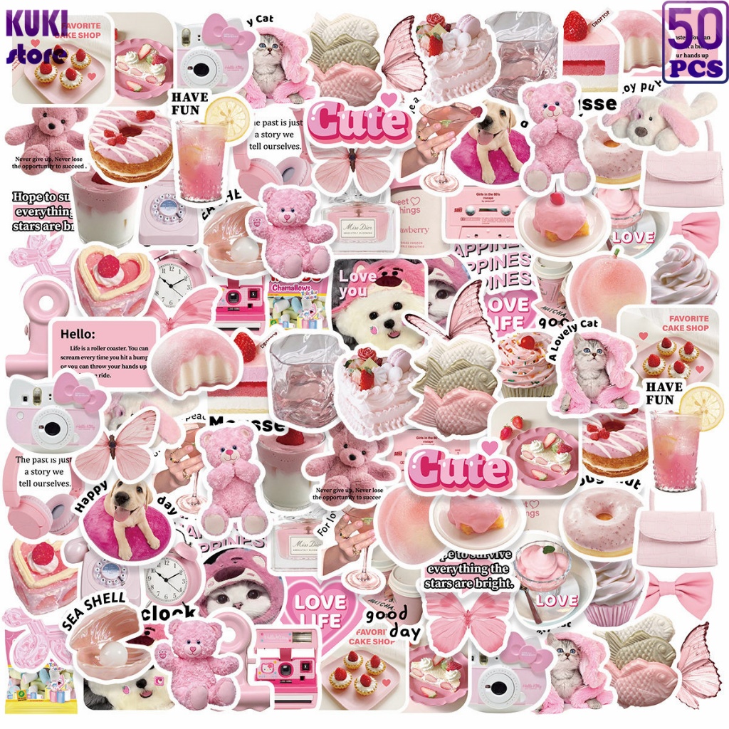 

50 Pcs Sticker Kue Stroberi, Beruang Merah Muda, Tema Lucu Cocok Untuk Album, Buku Harian, Dll.