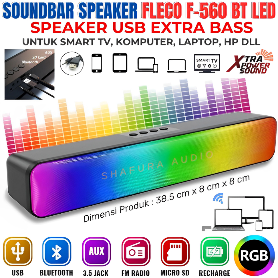 Diskon 30% | Speaker Soundbar Bluetooth Wireless Fleco F-560 Led Untuk Laptop / Pc / Gaming Rgb 5 Co