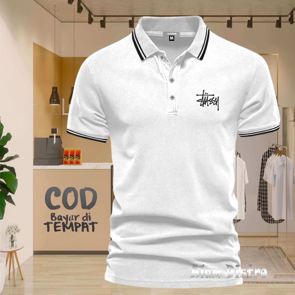 T-shirt Kaos POLO List Kerah Stussy Text Hitam Polo Kerah Unisex Pria & Wanita