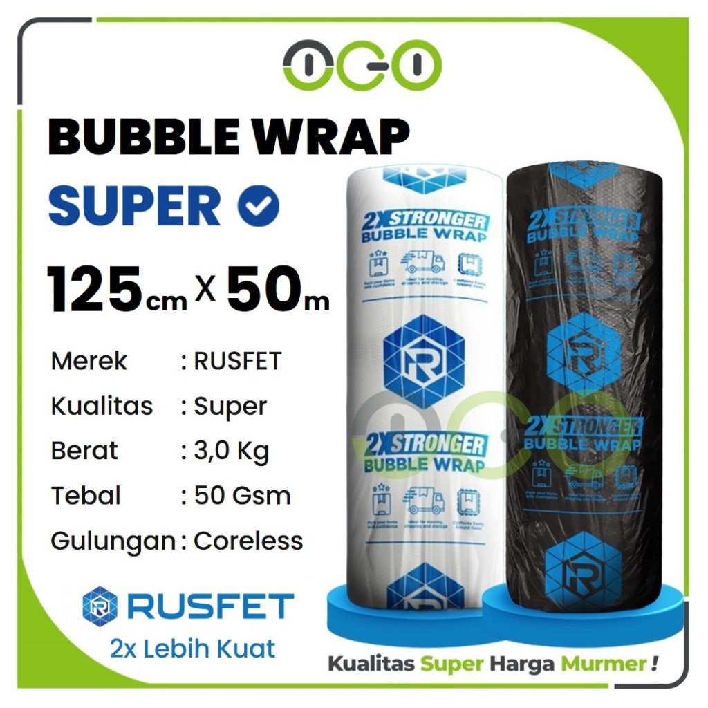 

Plastik Packing Bubble Wrap RUSFET Super Tebal Roll 125cm x 50meter x 3Kg - Warna Bening dan Hitam