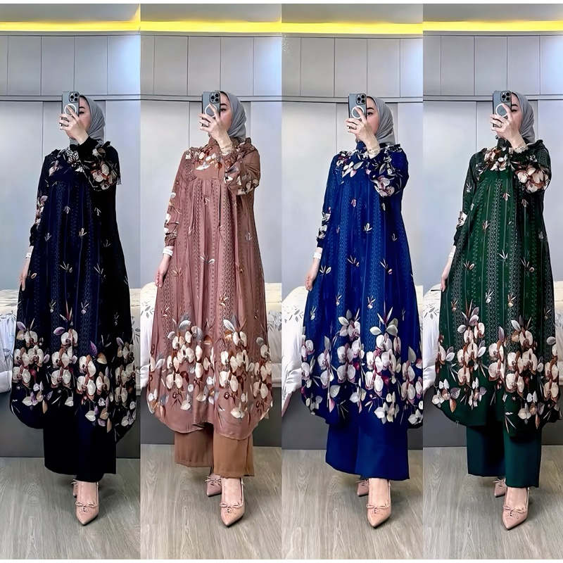 ATIYA tunik setelan celana/oneset long tunik bahan rayon premium/setelan tunik motif bunga premium
