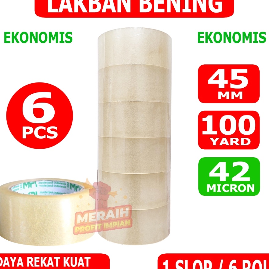 

Bonus 1 SLOP6 PCS Lakban Bening Ekonomis 45 mm x 1 Yard Lakban MPI Ekonomis