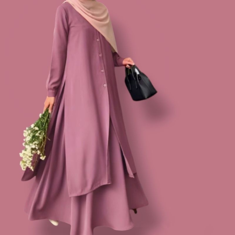 Setelan Malaysia One Set Tunik + Rok Jumbo Bahan Crinkle | Setelan Malaysia Long Tunik Syar'i | OOTD