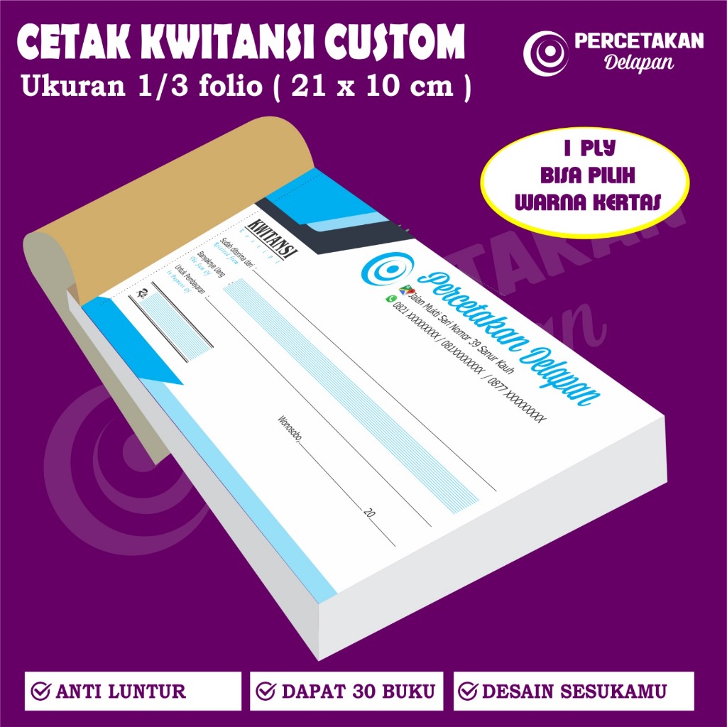 

cetak Kwitansi custom 1 ply 1/3 FOLIO / Paket 30 buku