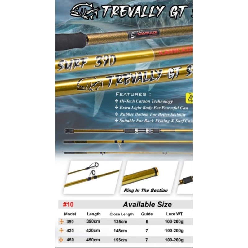 Joran surf sambung 3 merk kamikaze trevally gt surf panjang 390 420 450