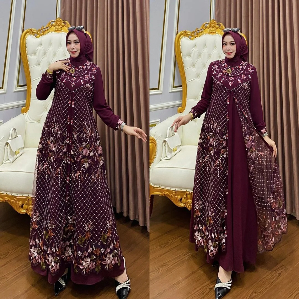 Rihanna Dress Gamis Kondangan Bahan Ceruty Babydoll Mix Tile Garden Aksen Mutiara Mix Swarovski