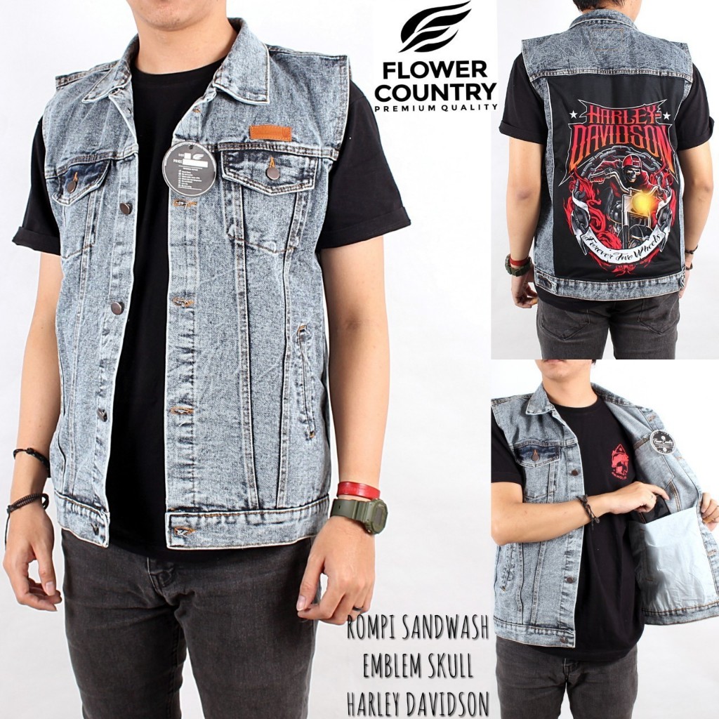 ARS Rompi Jeans Pria Rompi Denim Hoodie Cowok Motif Skull